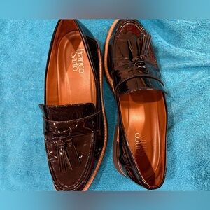 Franco Sarto Women’s Black Patent Tassel Loafers with Brown Insole
